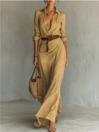 Camila™ | Vestido largo con solapas y cinturón en la cintura