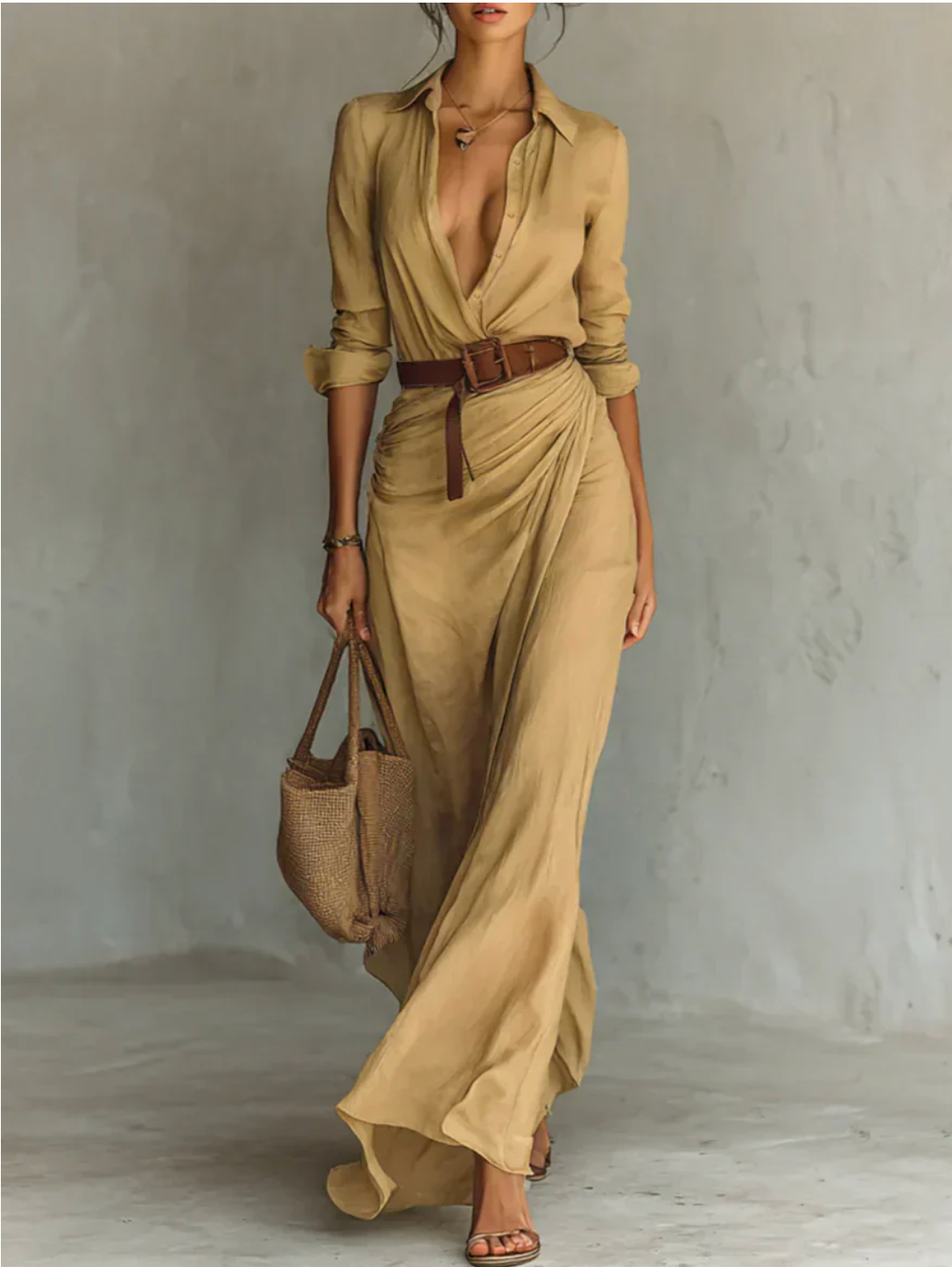 Camila™ | Vestido largo con solapas y cinturón en la cintura
