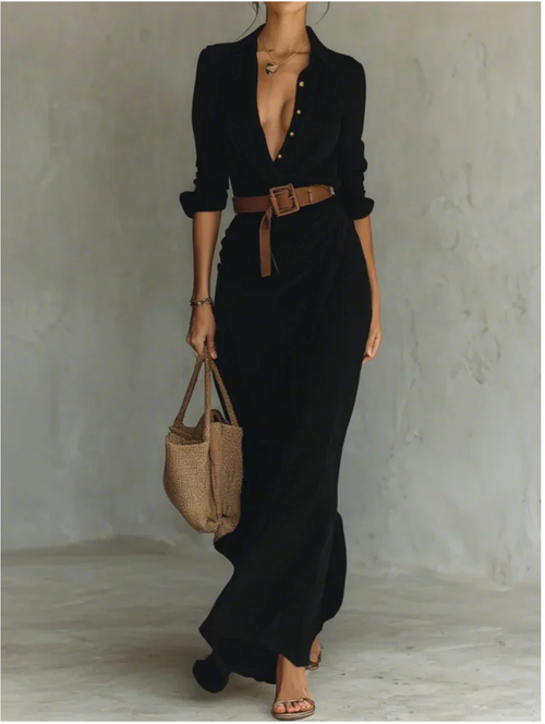 Camila™ | Vestido largo con solapas y cinturón en la cintura