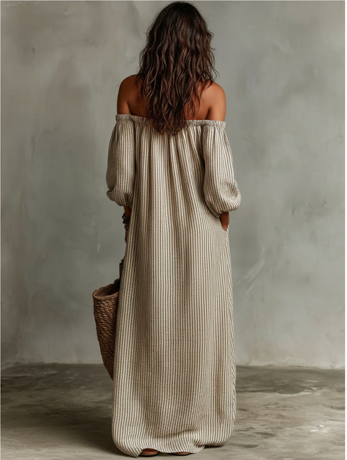 Carmen | Vestido largo de algodón y lino con diseño de hombros descubiertos