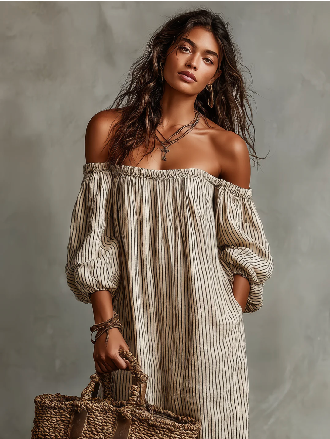 Carmen | Vestido largo de algodón y lino con diseño de hombros descubiertos