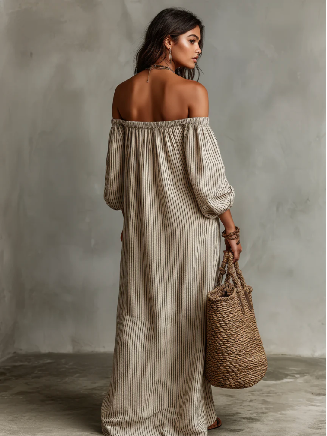 Carmen | Vestido largo de algodón y lino con diseño de hombros descubiertos